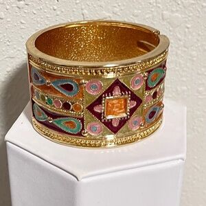 Vintage Bracelet Egyptian Revival Clamper Cuff 80s Cloisonné Statement Piece